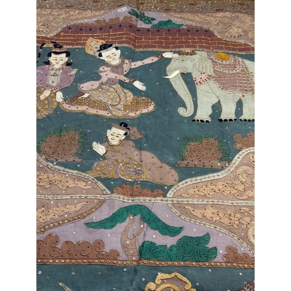 Vintage Thai Kalaga Tapestry Wall Hanging Elephant Applique Sequined Large